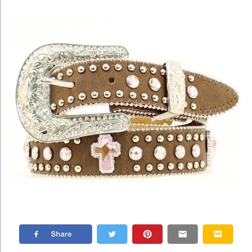 Nocona Brown Kids Belt with Pink Cross and Iridescent Studs